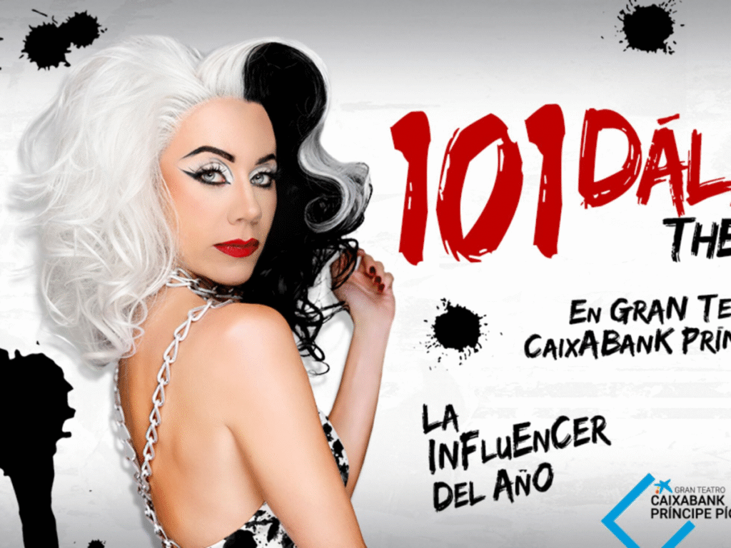 Mujer con look Cruella de Vil y texto 101D