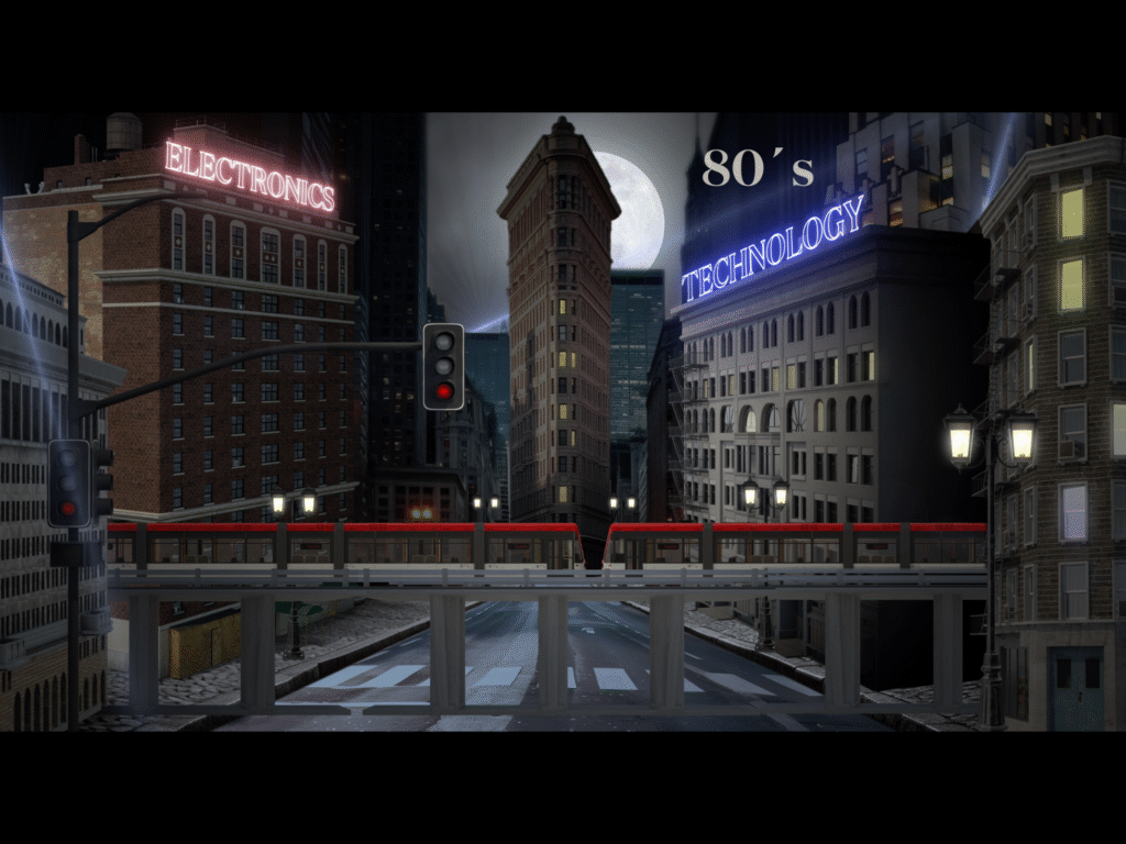 Plaza urbana con edificios modernos y luces rojas